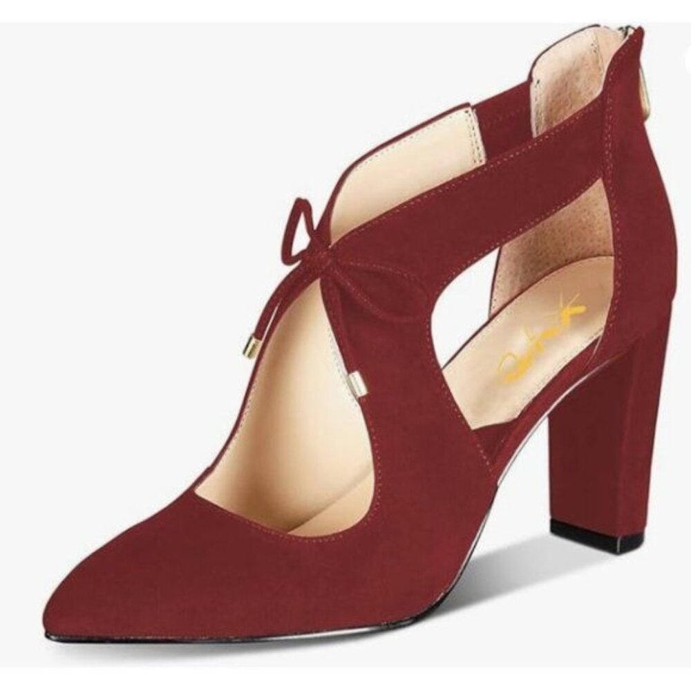 XYD Dark Red Lady Pointed Toe Cutout Chunky Heel Bow Tie Back Zip Dress Pump